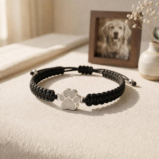 Black Braided Paw Print Pet Ashes Bracelet | Adjustable Dog Cremation Jewelry | Cat loss gift