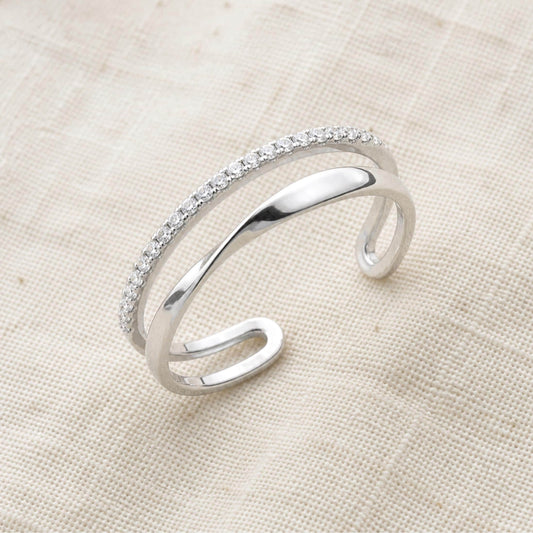 Adjustable Sterling Silver Double Band Ring, Twisted and CZ Parallel Bands, Dainty Ring
