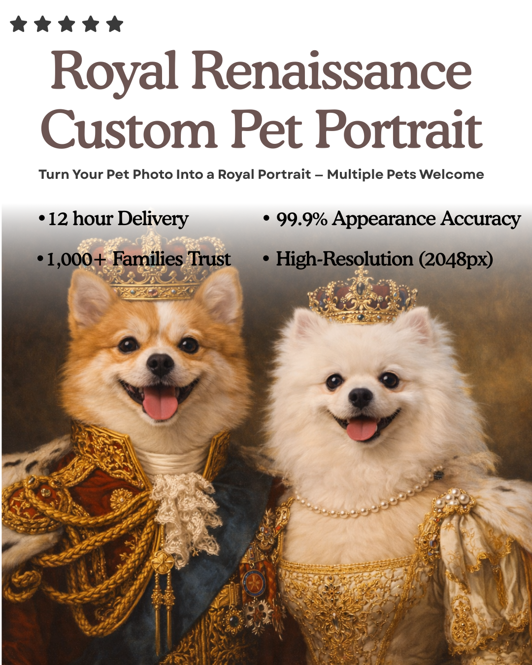 Royal Renaissance Custom Pet Portrait from Photo – Personalized Victorian King & Queen Style Painting for Dog,Cats,All Pets, Multi-Pet Supported, HD Digital Download Gift