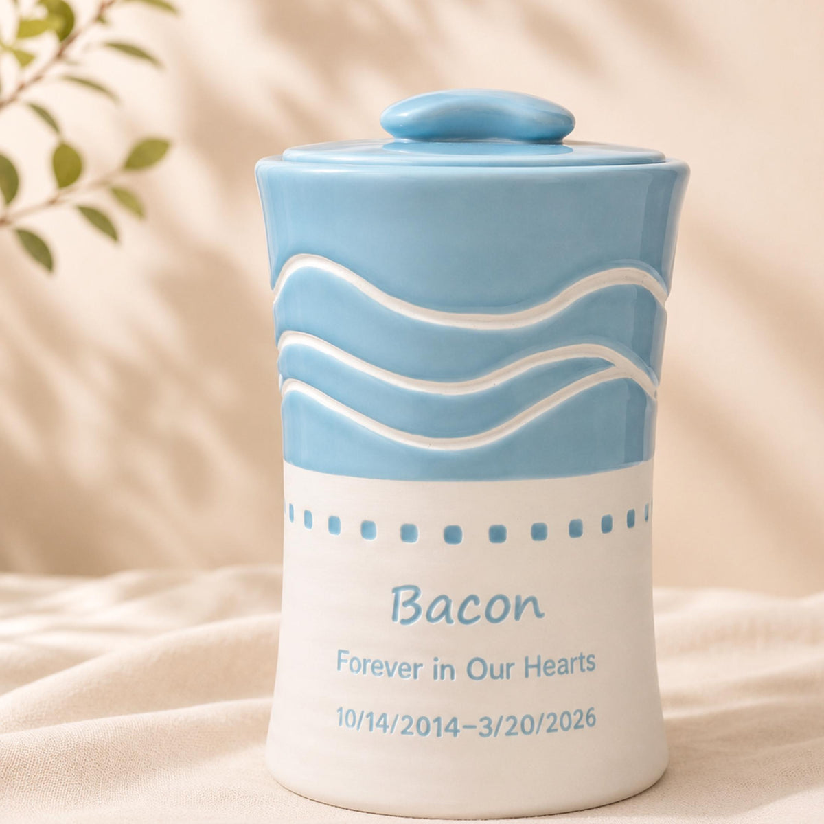Custom Pet Urn for Ashes, Personalized Handmade Ceramic Dog or Cat Memorial Urn with Cursive Name, Soft Pastel Wave Design