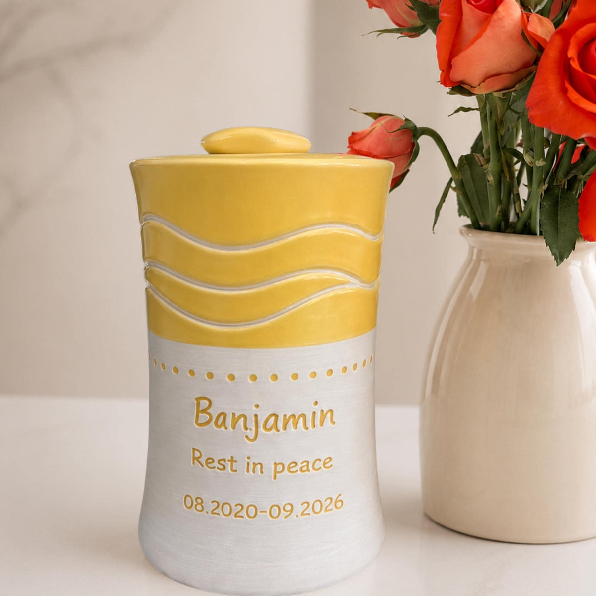 Custom Pet Urn for Ashes, Personalized Handmade Ceramic Dog or Cat Memorial Urn with Cursive Name, Soft Pastel Wave Design