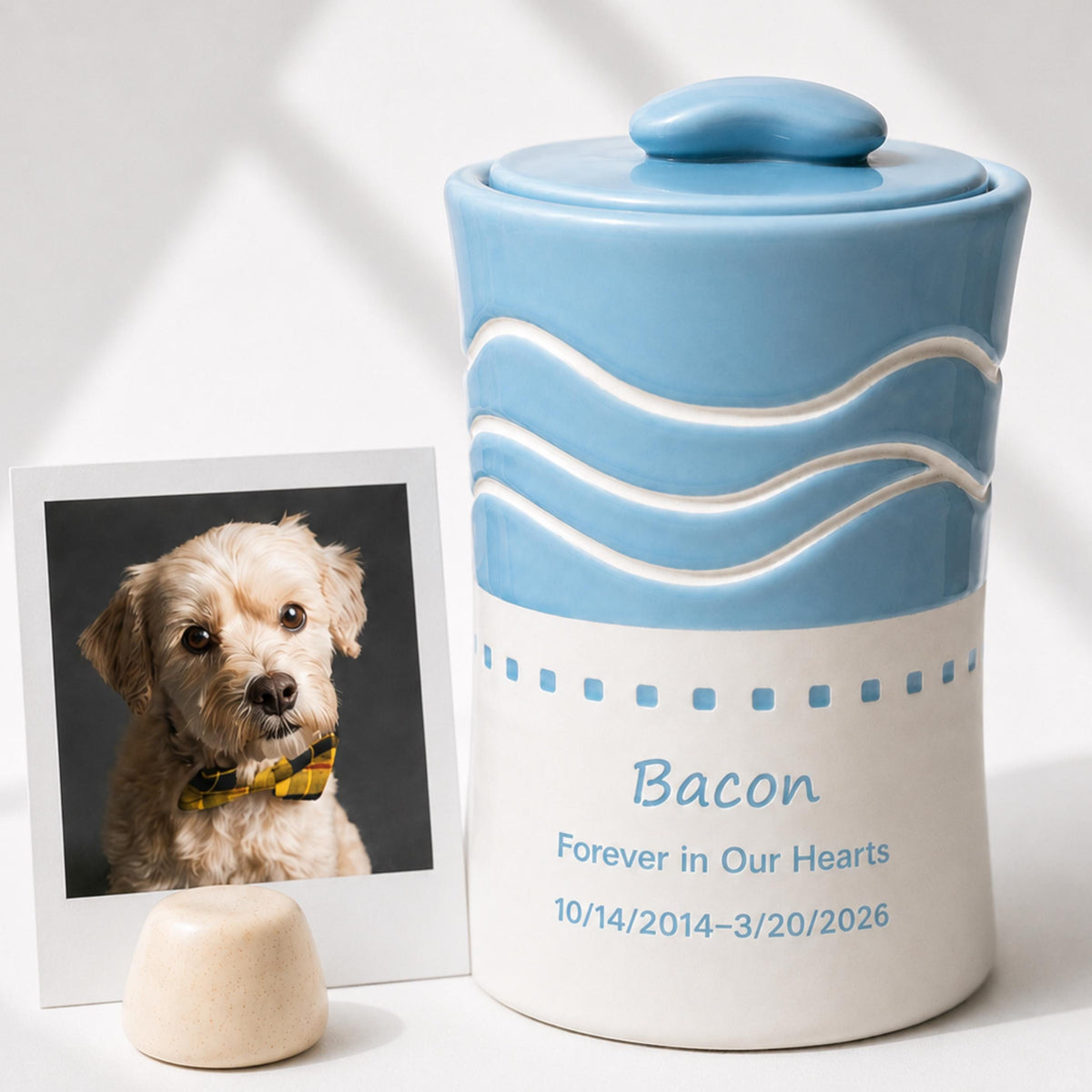 Custom Pet Urn for Ashes, Personalized Handmade Ceramic Dog or Cat Memorial Urn with Cursive Name, Soft Pastel Wave Design
