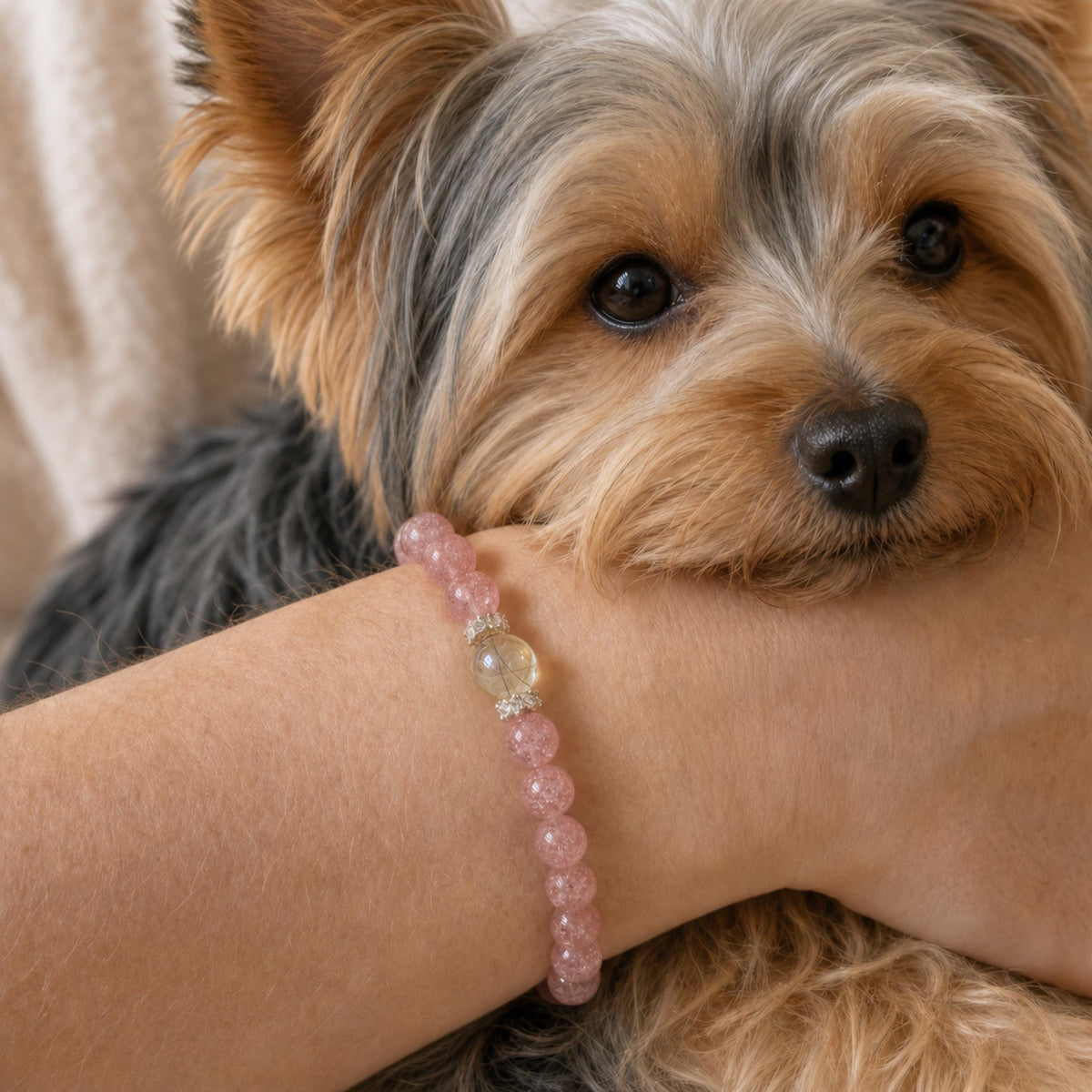 Custom Strawberry Quartz Hair Bracelet, Human Hair Keepsake, Dog Cat Bereavement Jewelry