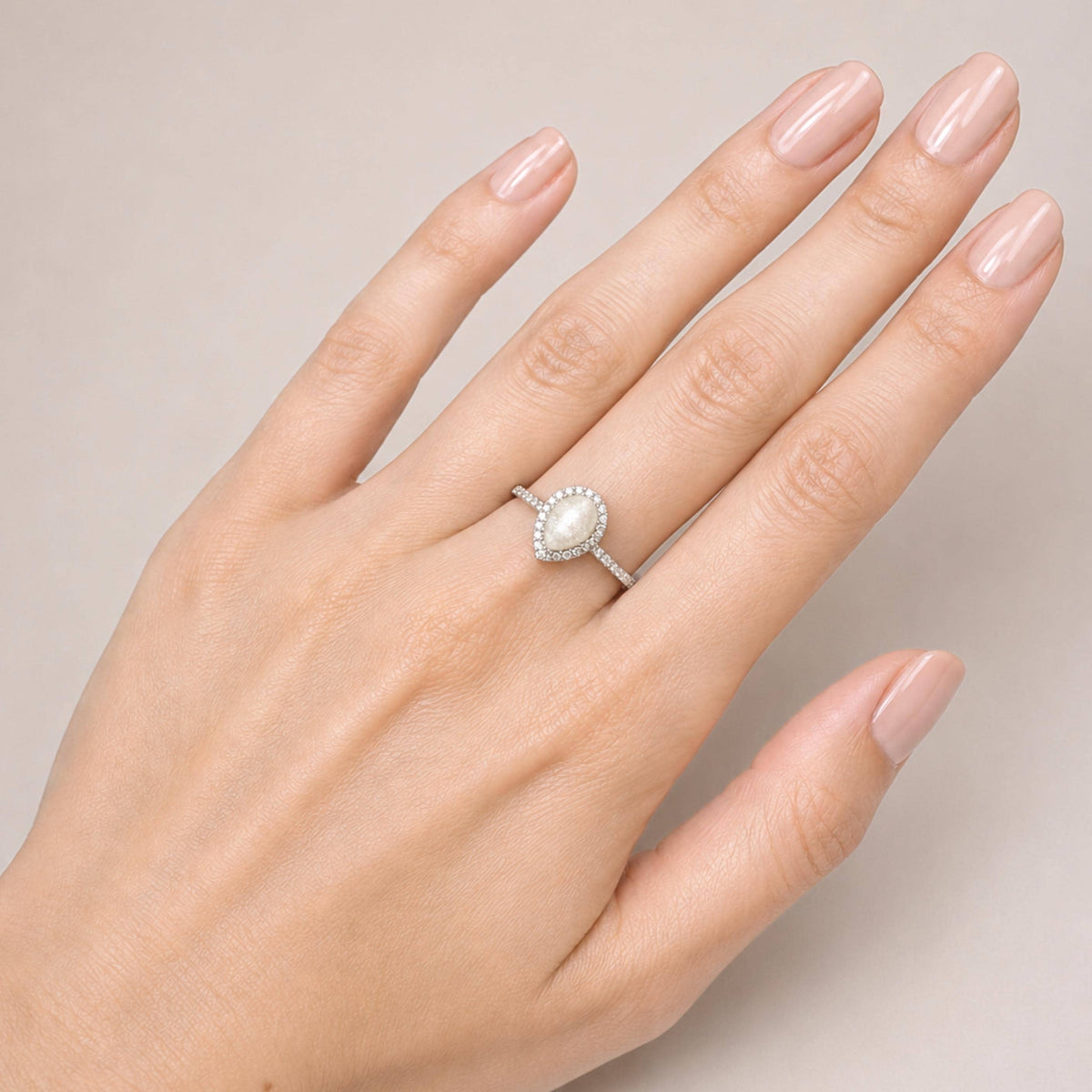 Custom Pear Halo Ashes Ring, Sterling Silver Pet Cremation Jewelry, Dainty Pavé Band Keepsake