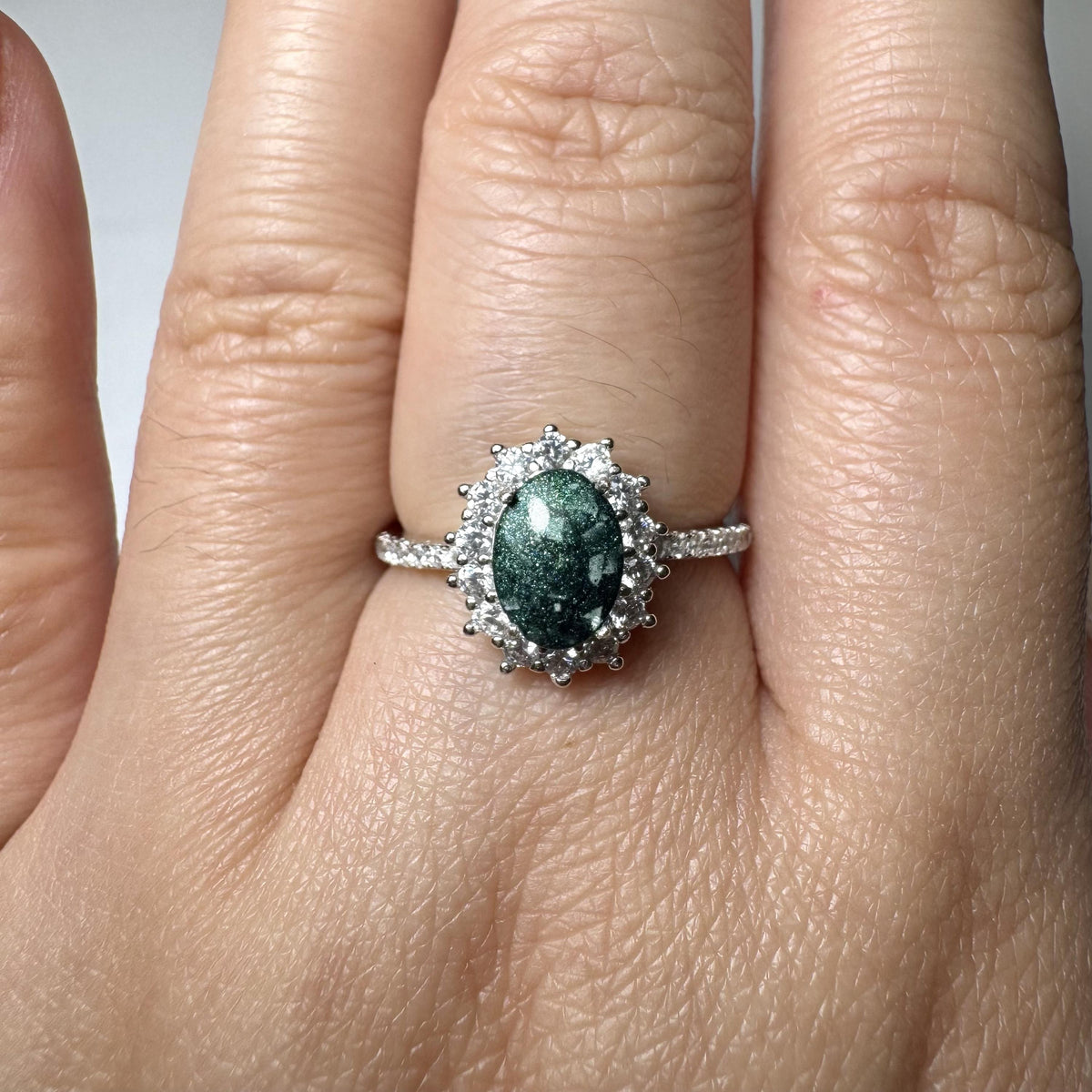 Custom Pet Cremation Ring, Oval Halo Ring with Ashes, Sterling Silver Memorial Jewelry