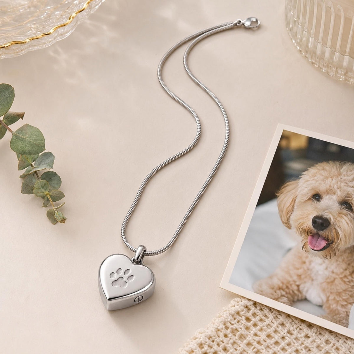 Heart Paw Print Pet Memorial Necklace, Pet Ashes Urn Necklace for Dog Cat, Stainless Steel Cremation Jewelry, Loss Gift
