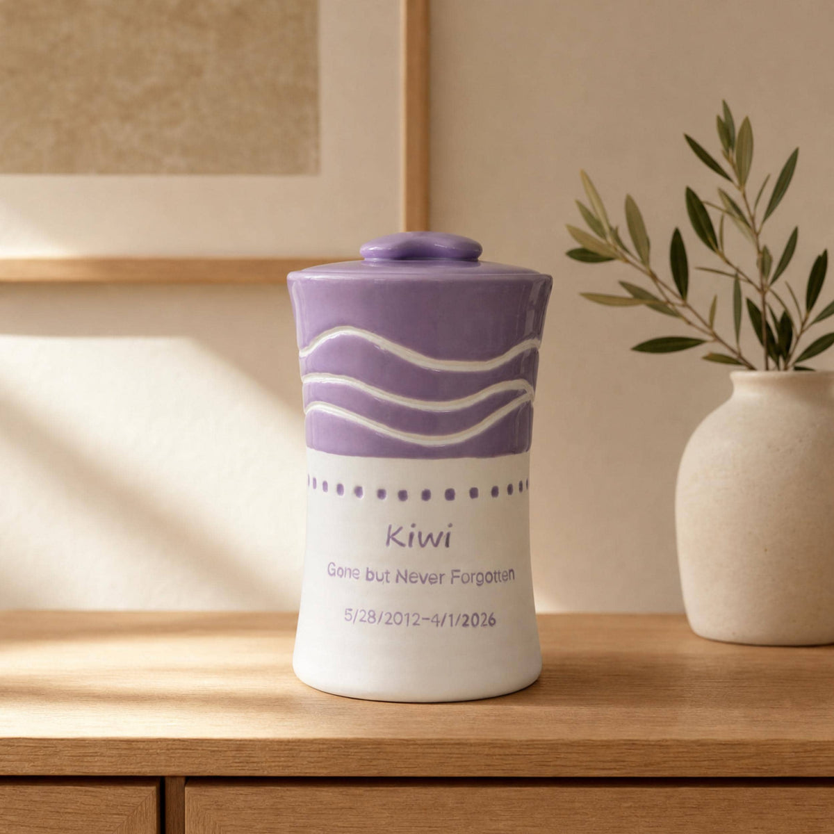 Custom Lavender Ceramic Urn for Ashes, Personalized Pastel Wave Hand-Carved Memorial Keepsake