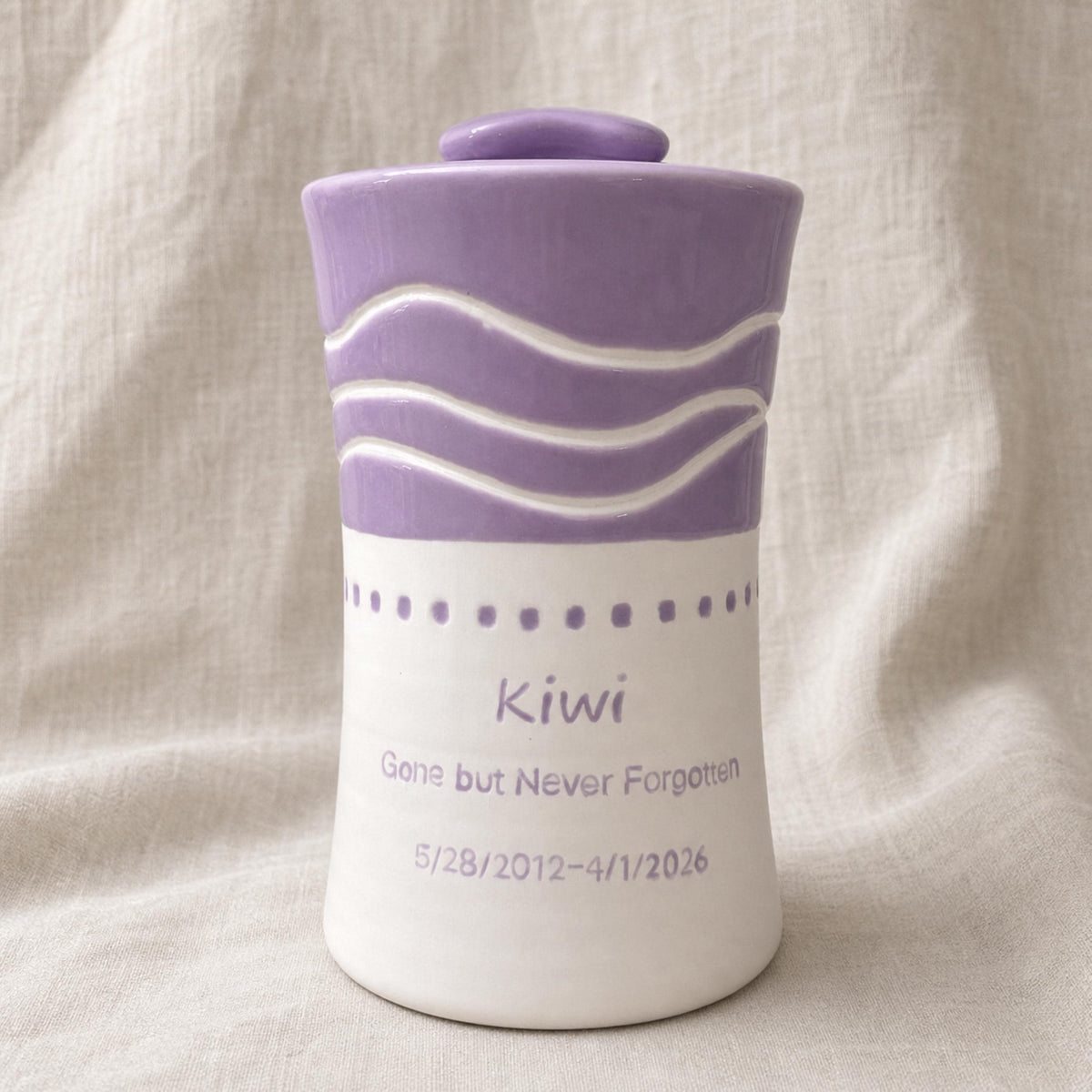 Custom Lavender Ceramic Urn for Ashes, Personalized Pastel Wave Hand-Carved Memorial Keepsake