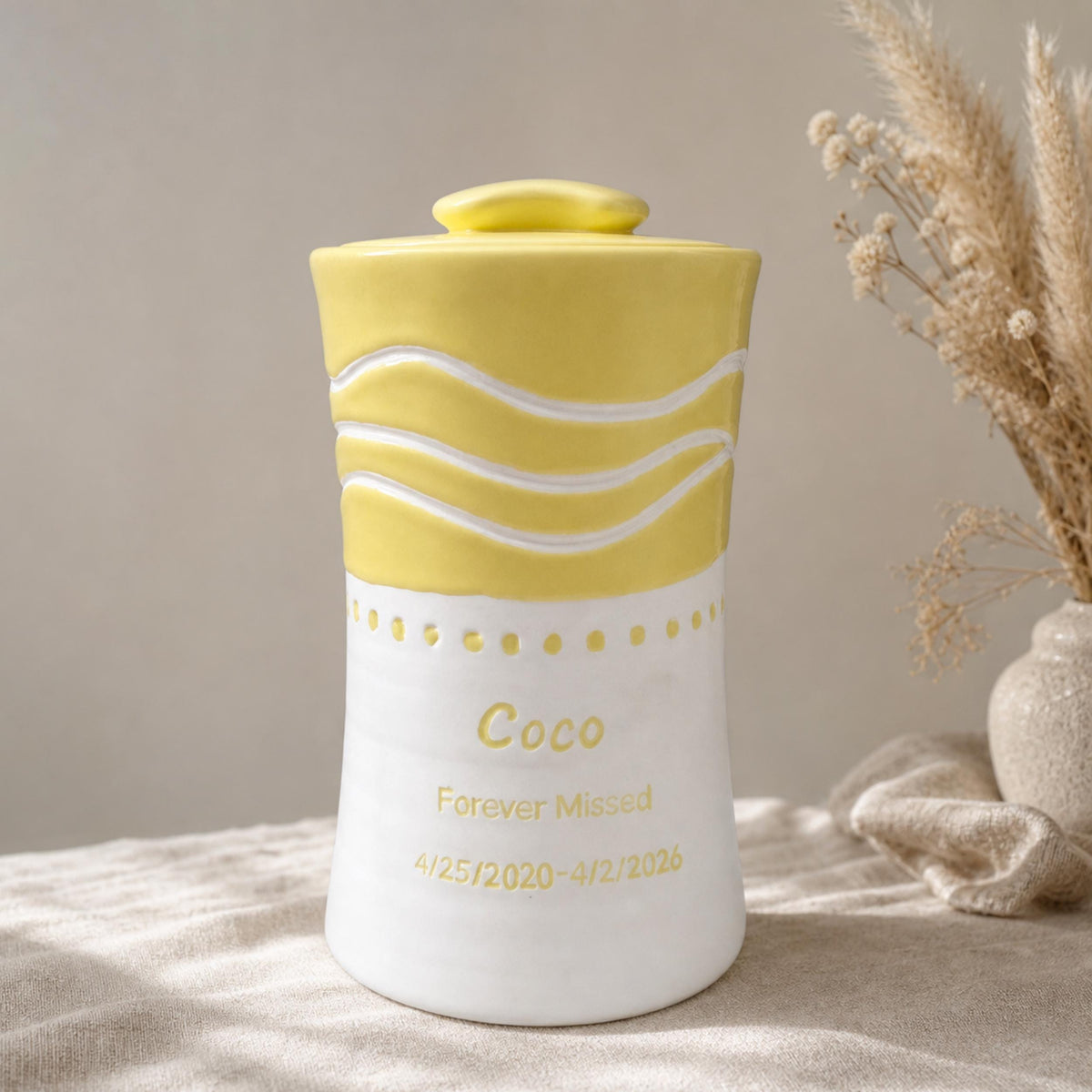 Personalized Ceramic Urn for Ashes, Butter Yellow Cremation Keepsake Box, Custom Memorial Urn with Secure Lid