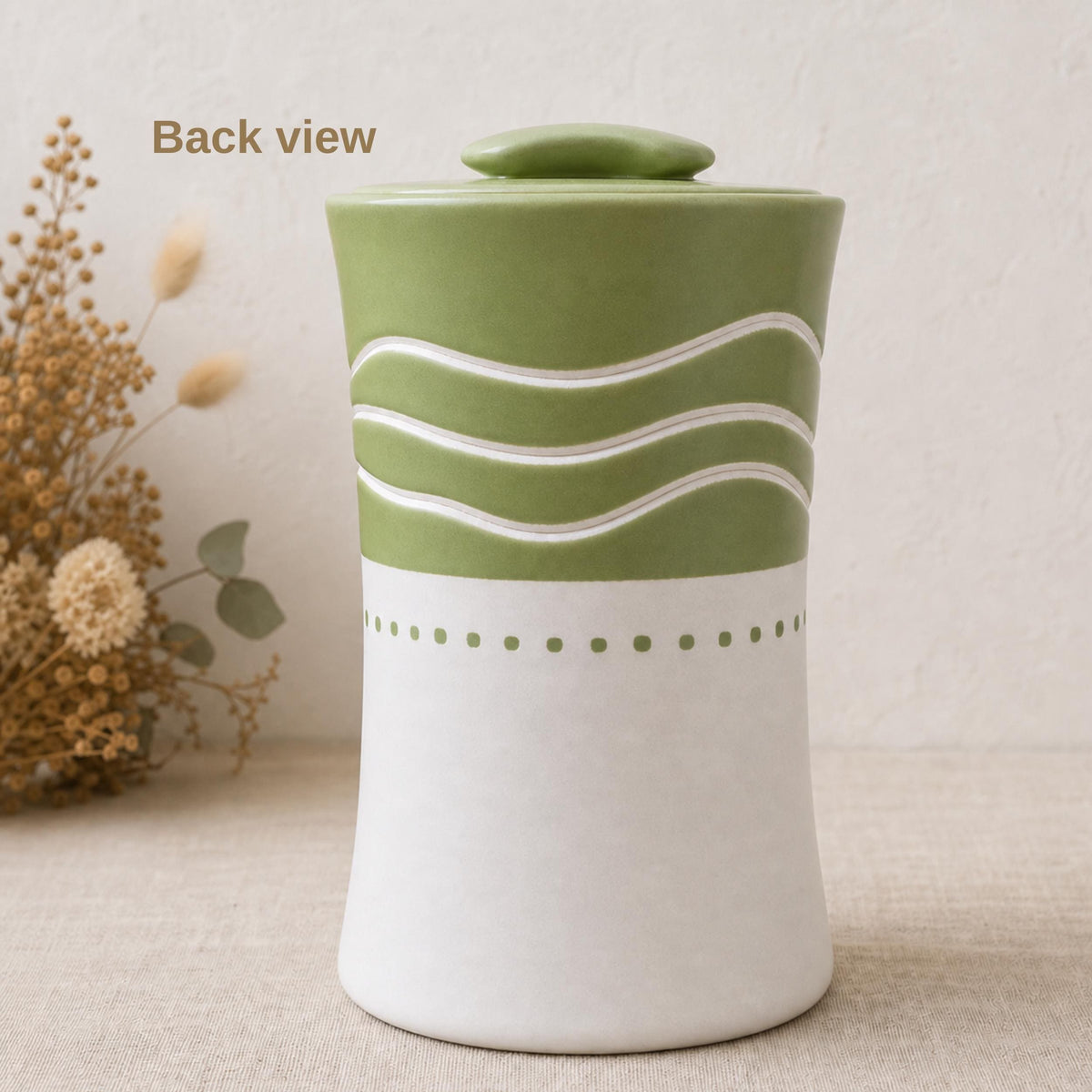 Personalized Ceramic Urn for Ashes, Sage Green Hand-Carved Waves, Custom Memorial Ashes Container