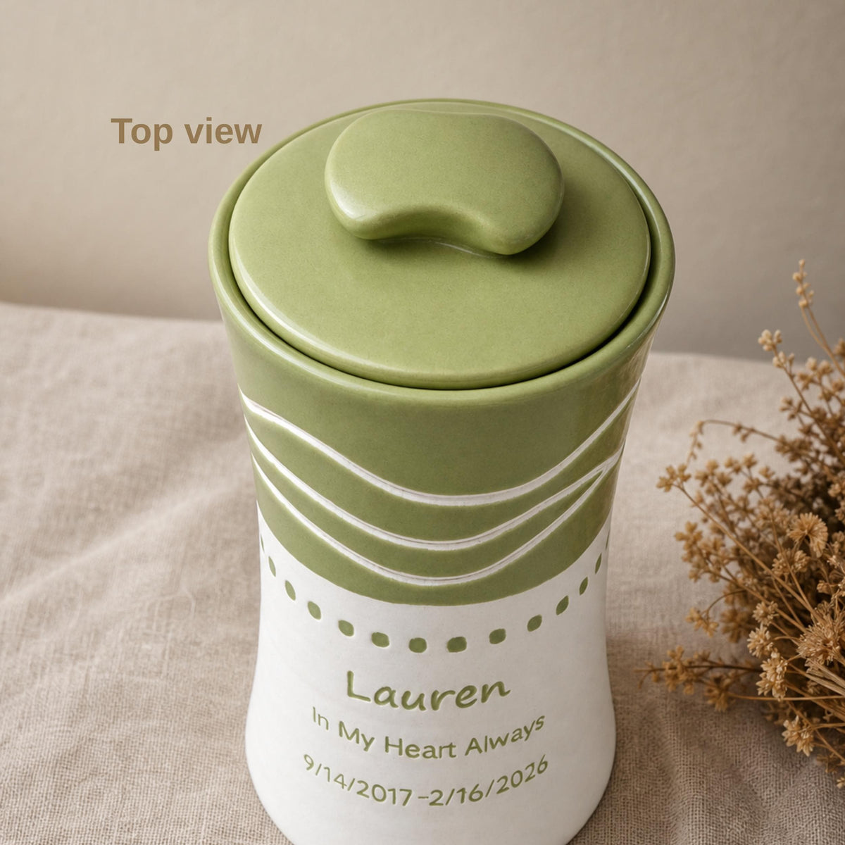 Personalized Ceramic Urn for Ashes, Sage Green Hand-Carved Waves, Custom Memorial Ashes Container