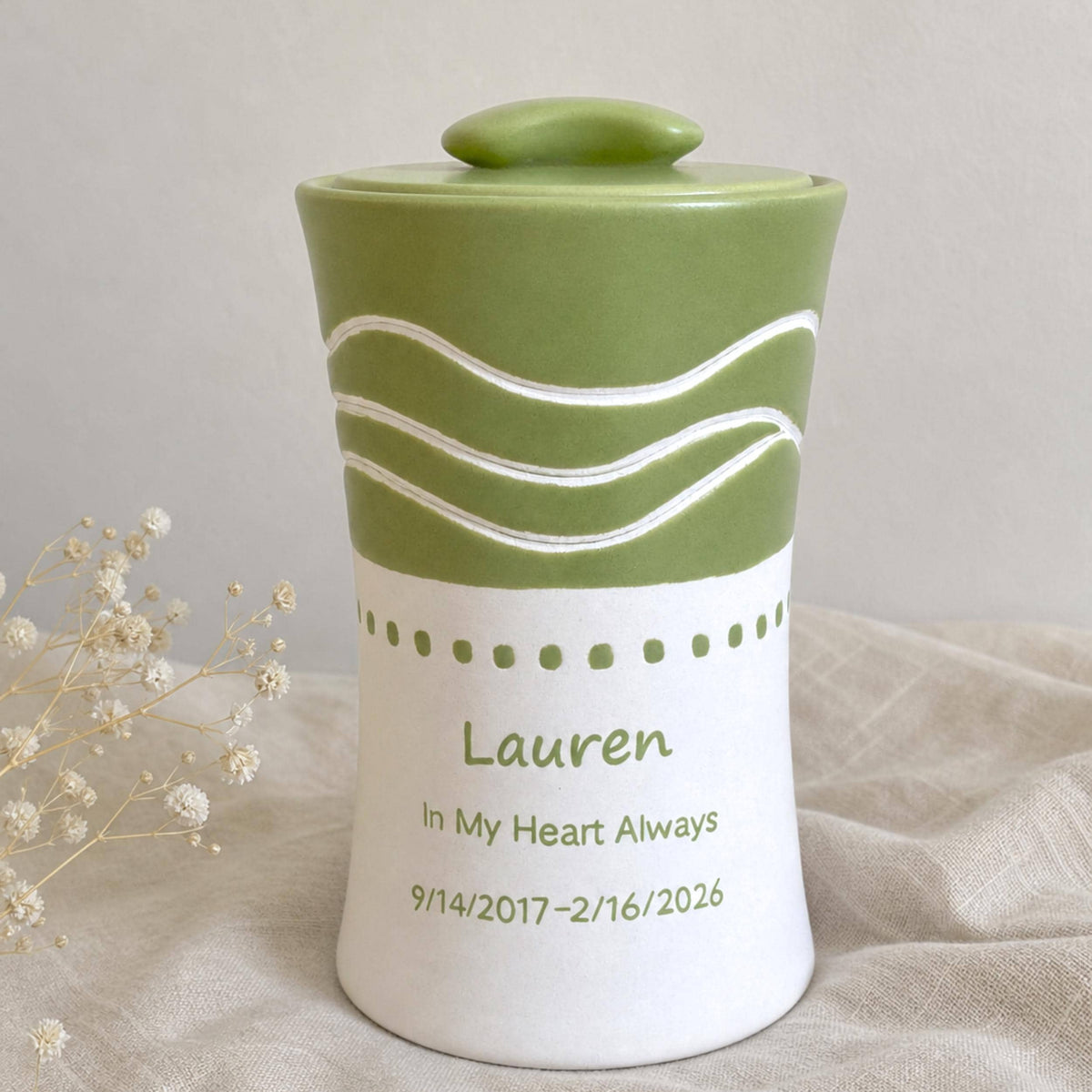 Personalized Ceramic Urn for Ashes, Sage Green Hand-Carved Waves, Custom Memorial Ashes Container