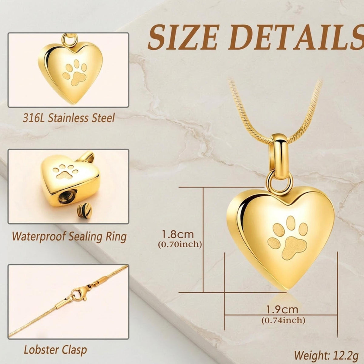 Heart Paw Print Pet Memorial Necklace, Pet Ashes Urn Necklace for Dog Cat, Stainless Steel Cremation Jewelry, Loss Gift