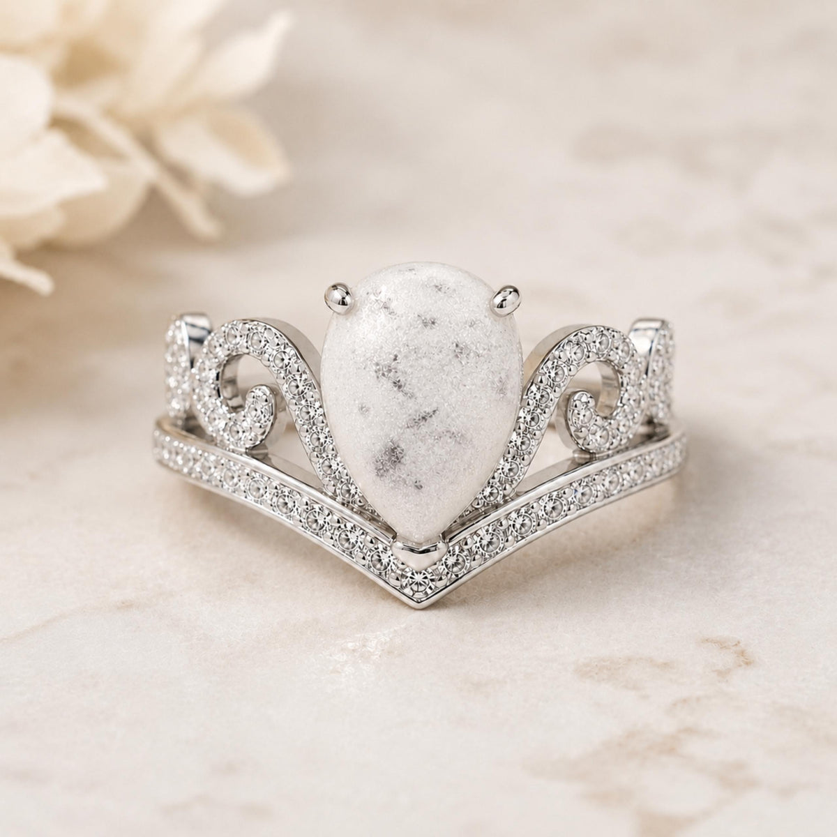 Custom Pear Ashes Ring, Sterling Silver Tiara Memorial, V-Shaped Chevron Band Keepsake