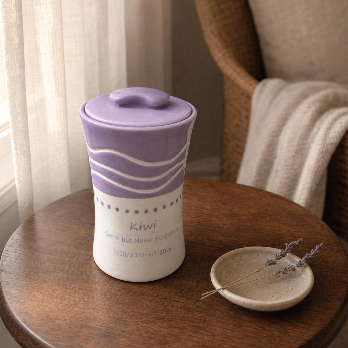 Custom Lavender Ceramic Urn for Ashes, Personalized Pastel Wave Hand-Carved Memorial Keepsake