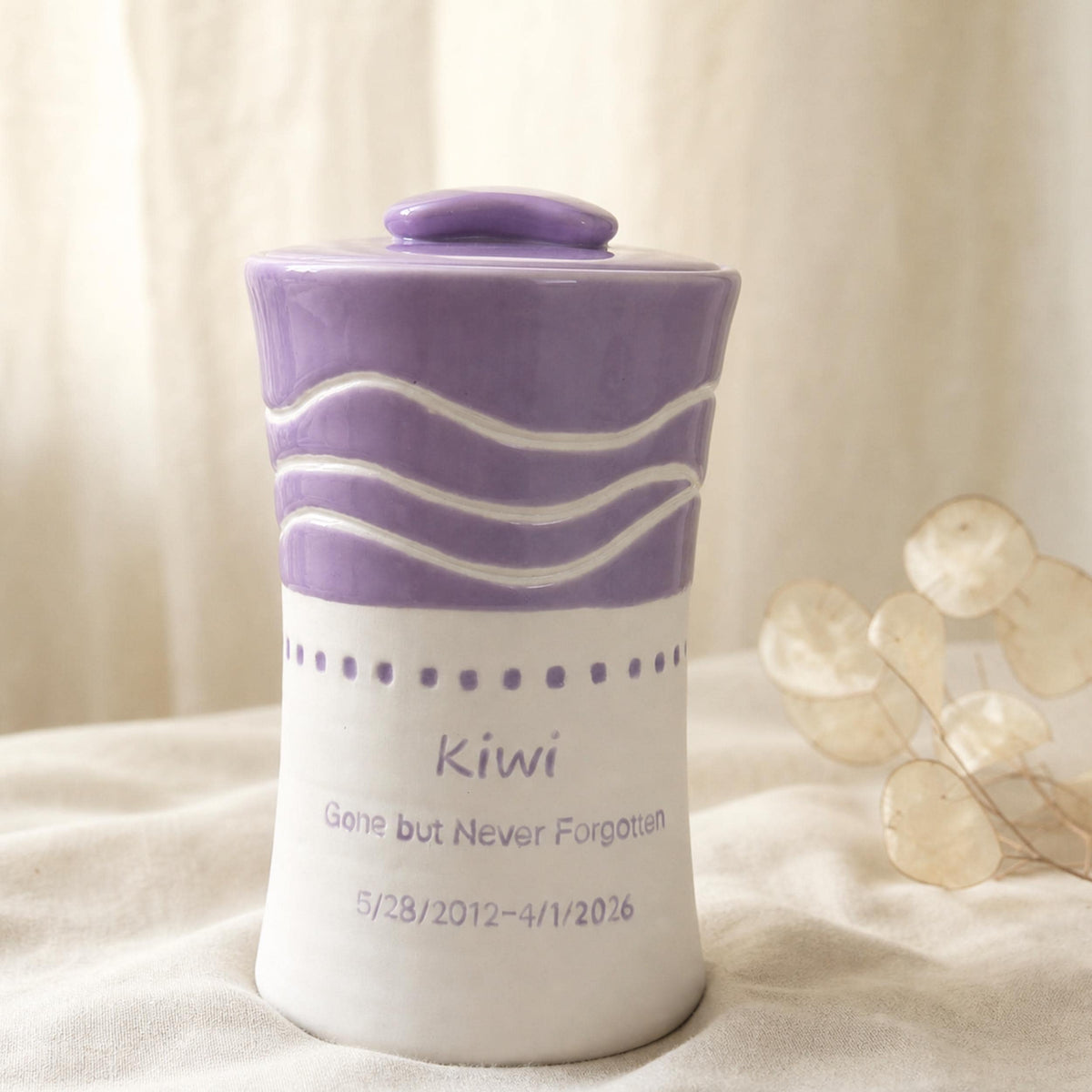 Custom Lavender Ceramic Urn for Ashes, Personalized Pastel Wave Hand-Carved Memorial Keepsake