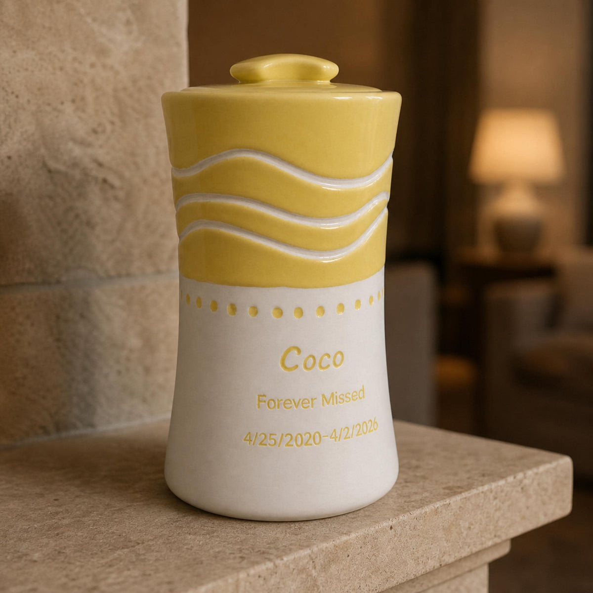 Personalized Ceramic Urn for Ashes, Butter Yellow Cremation Keepsake Box, Custom Memorial Urn with Secure Lid
