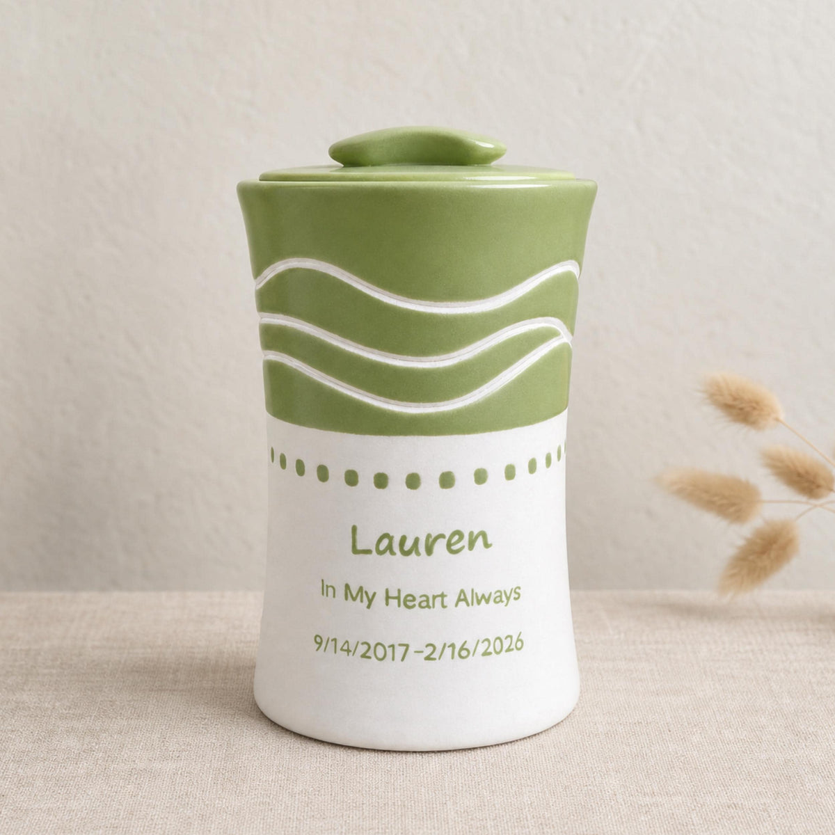 Personalized Ceramic Urn for Ashes, Sage Green Hand-Carved Waves, Custom Memorial Ashes Container