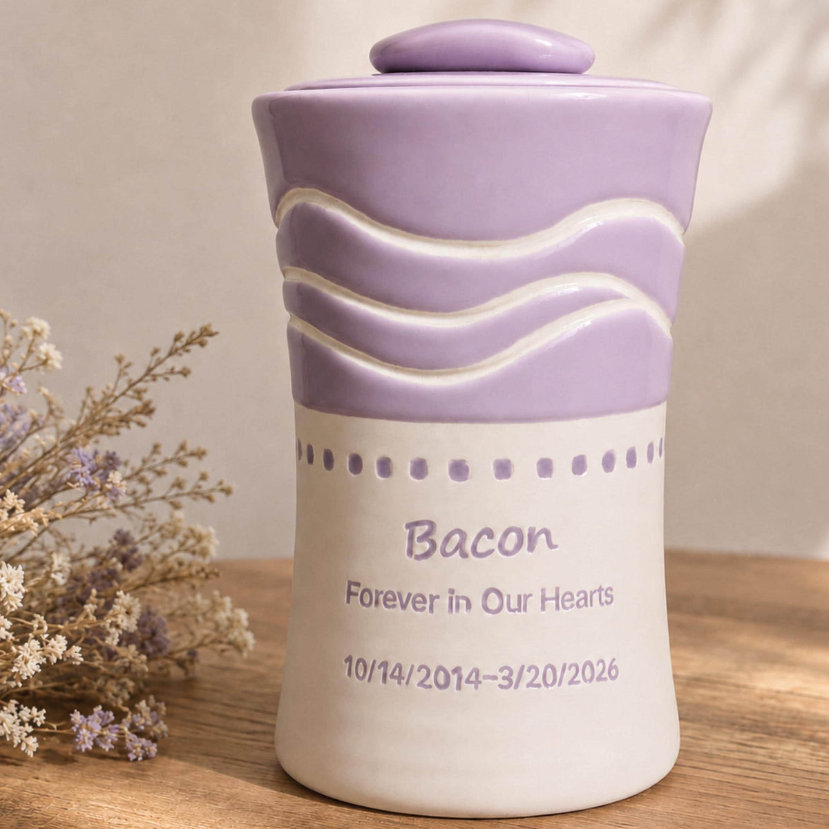 Custom Pet Urn for Ashes, Personalized Handmade Ceramic Dog or Cat Memorial Urn with Cursive Name, Soft Pastel Wave Design