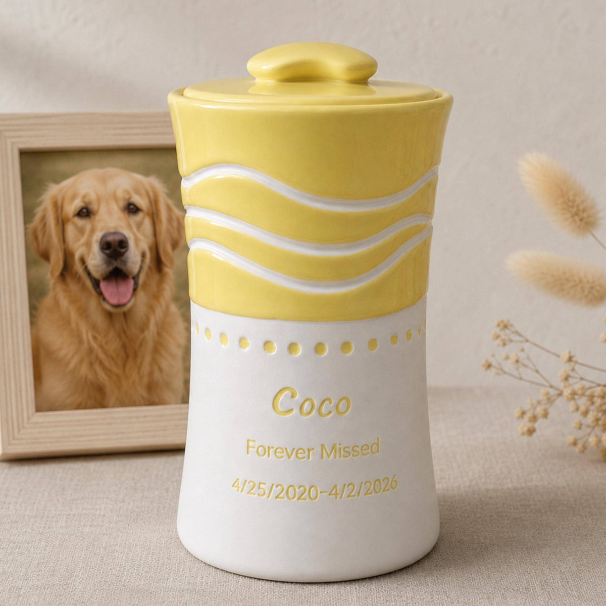 Custom Pet Urn for Ashes, Personalized Handmade Ceramic Dog or Cat Memorial Urn with Cursive Name, Soft Pastel Wave Design