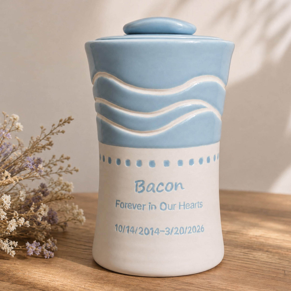 Custom Pet Urn for Ashes, Personalized Handmade Ceramic Dog or Cat Memorial Urn with Cursive Name, Soft Pastel Wave Design