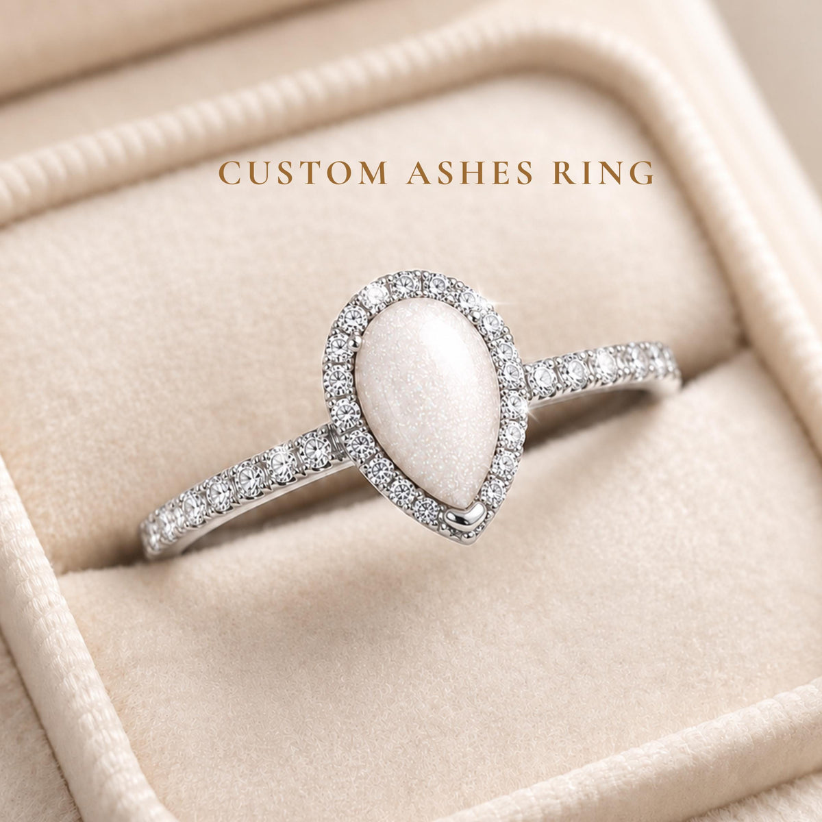 Custom Pear Halo Ashes Ring, Sterling Silver Pet Cremation Jewelry, Dainty Pavé Band Keepsake