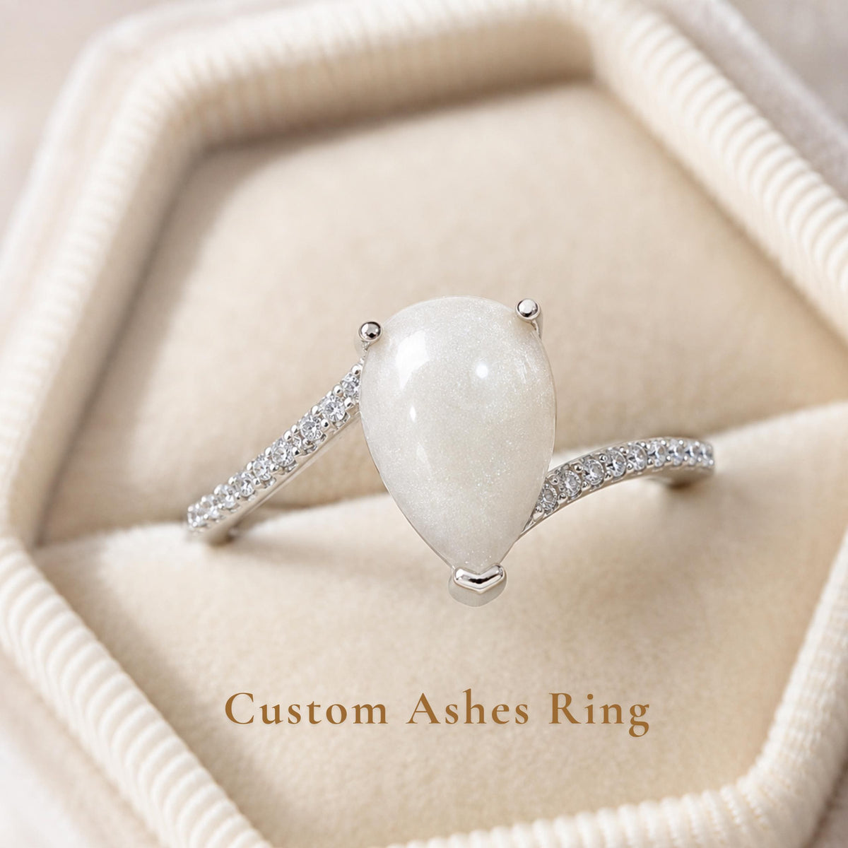 Custom Pear Cremation Ring, Sterling Silver Teardrop Pet Ashes Ring, Eternity Wave Ring