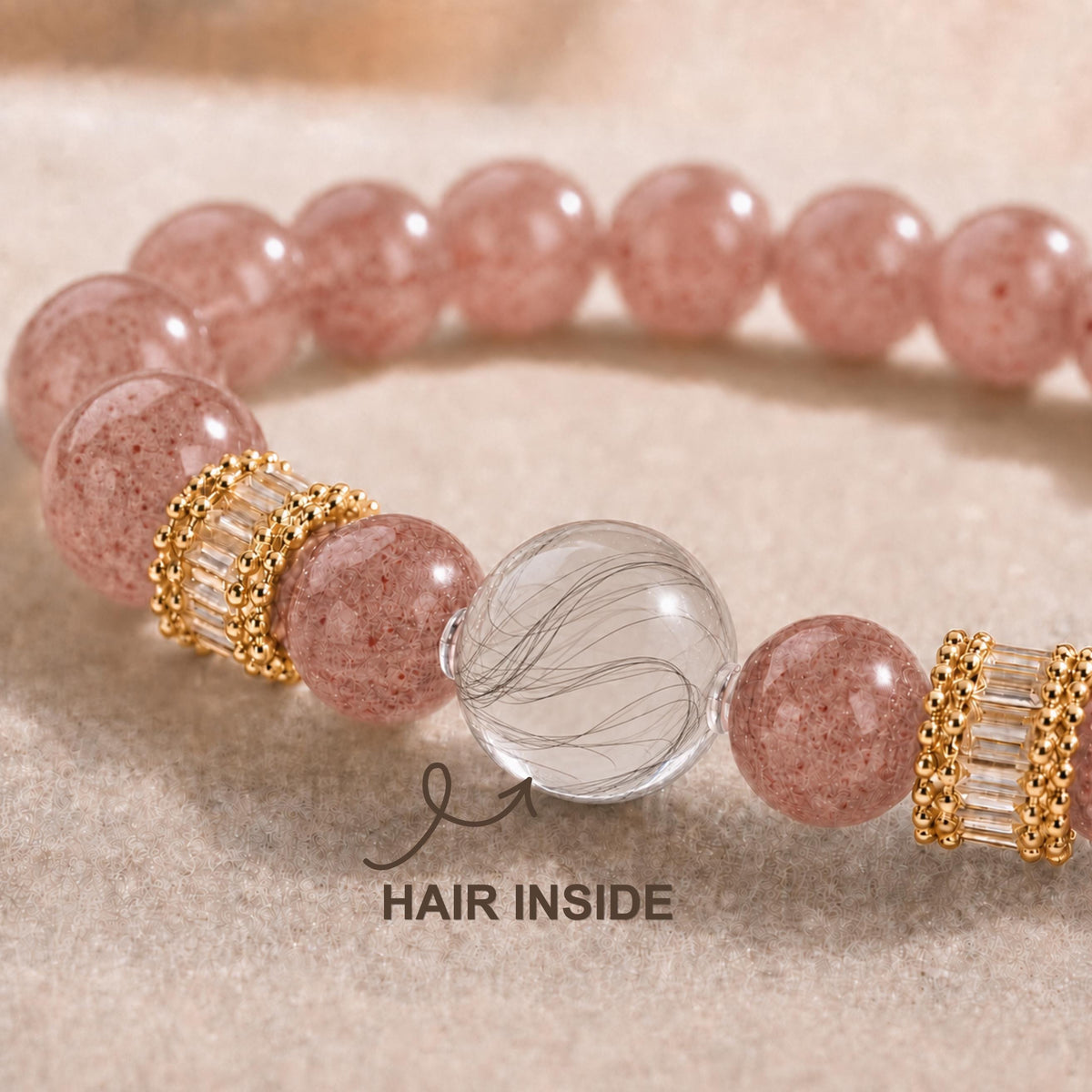 Custom Strawberry Quartz Hair Bracelet, Human Hair Keepsake, Dog Cat Bereavement Jewelry