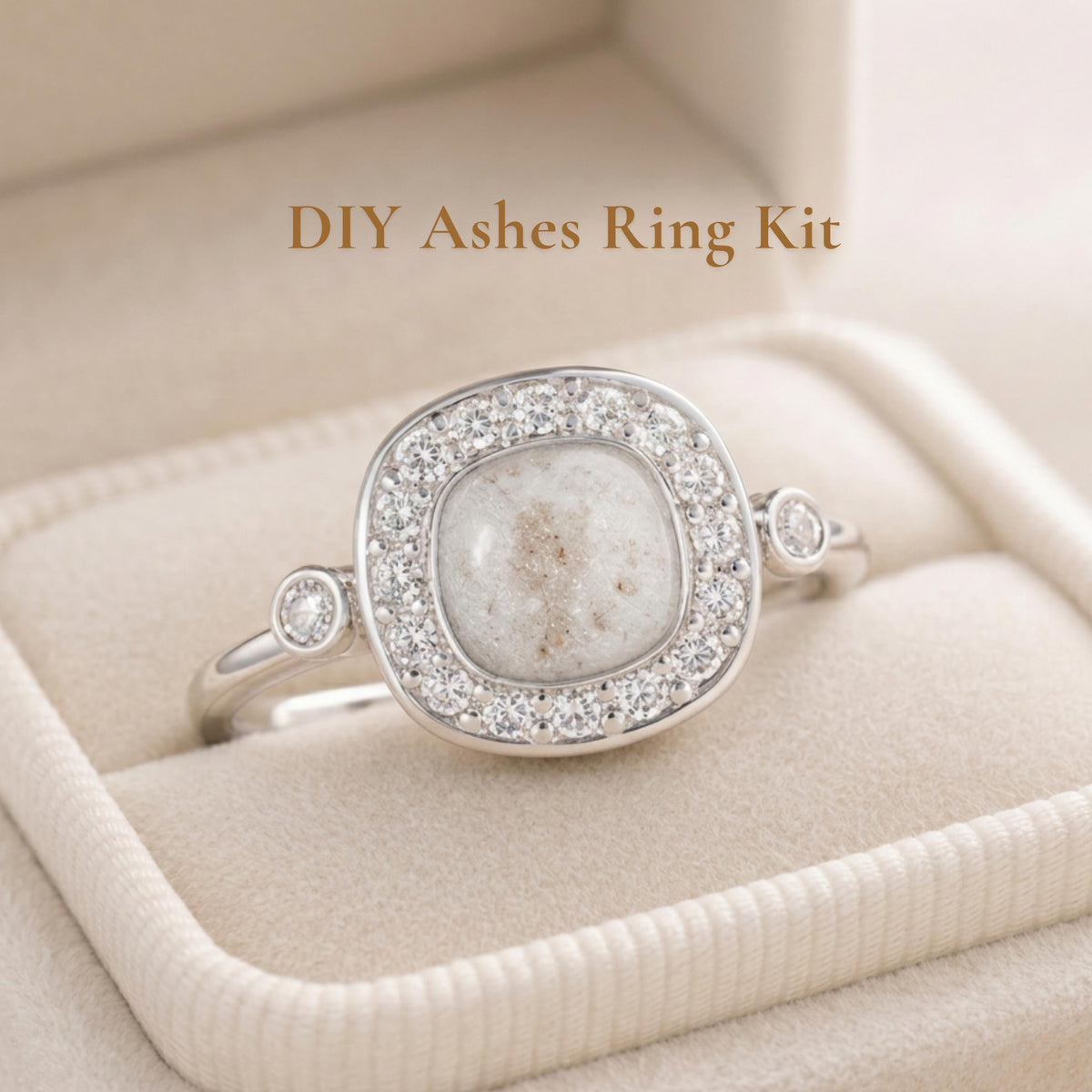 DIY Cushion Halo Ashes Ring Kit, Sterling Silver Cremation Memorial Ring, Dainty Keepsake Jewelry